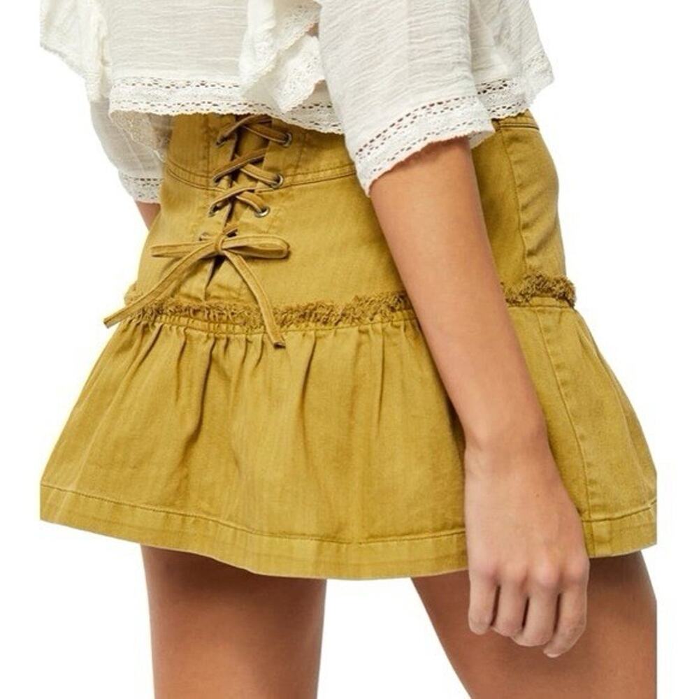 Free People Positano Mini Skirt in Olive Green Ruffle Tie Corset Boho Peasant XS